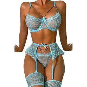 SEXY Eyelash Fishnet Lingerie Chain Babydoll Underwire Bra Panty Set Garter Belt